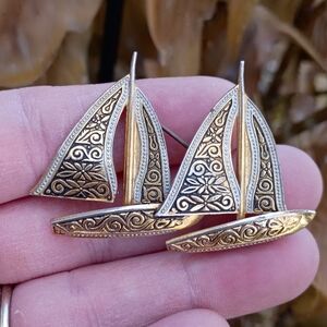 Vintage Damascene 2" Sailboats Brooch Pin from Spain